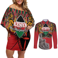Personalized Kenya Mashujaa Day Couples Matching Off Shoulder Short Dress and Long Sleeve Button Shirt Mzee Jomo Kenyatta With Coat Of Arms - Wonder Print Shop