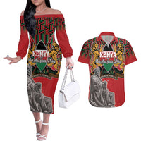 Personalized Kenya Mashujaa Day Couples Matching Off The Shoulder Long Sleeve Dress and Hawaiian Shirt Mzee Jomo Kenyatta With Coat Of Arms - Wonder Print Shop