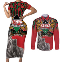Personalized Kenya Mashujaa Day Couples Matching Short Sleeve Bodycon Dress and Long Sleeve Button Shirt Mzee Jomo Kenyatta With Coat Of Arms - Wonder Print Shop