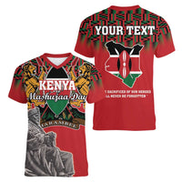 Personalized Kenya Mashujaa Day Women V-Neck T-Shirt Mzee Jomo Kenyatta With Coat Of Arms - Wonder Print Shop