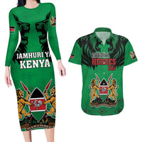 Kenya National Heroes Day Couples Matching Long Sleeve Bodycon Dress and Hawaiian Shirt Mashujaa With Lion Head And Coat Of Arms - Wonder Print Shop
