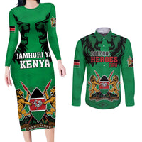 Kenya National Heroes Day Couples Matching Long Sleeve Bodycon Dress and Long Sleeve Button Shirt Mashujaa With Lion Head And Coat Of Arms - Wonder Print Shop