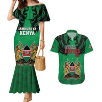 Kenya National Heroes Day Couples Matching Mermaid Dress and Hawaiian Shirt Mashujaa With Lion Head And Coat Of Arms - Wonder Print Shop
