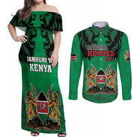 Kenya National Heroes Day Couples Matching Off Shoulder Maxi Dress and Long Sleeve Button Shirt Mashujaa With Lion Head And Coat Of Arms - Wonder Print Shop