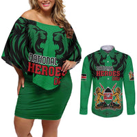 Kenya National Heroes Day Couples Matching Off Shoulder Short Dress and Long Sleeve Button Shirt Mashujaa With Lion Head And Coat Of Arms - Wonder Print Shop