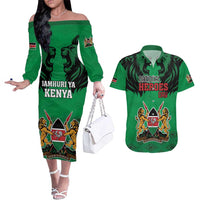 Kenya National Heroes Day Couples Matching Off The Shoulder Long Sleeve Dress and Hawaiian Shirt Mashujaa With Lion Head And Coat Of Arms - Wonder Print Shop