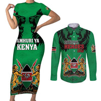 Kenya National Heroes Day Couples Matching Short Sleeve Bodycon Dress and Long Sleeve Button Shirt Mashujaa With Lion Head And Coat Of Arms - Wonder Print Shop