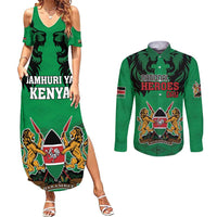 Kenya National Heroes Day Couples Matching Summer Maxi Dress and Long Sleeve Button Shirt Mashujaa With Lion Head And Coat Of Arms - Wonder Print Shop