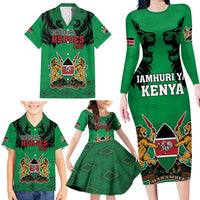 Kenya National Heroes Day Family Matching Long Sleeve Bodycon Dress and Hawaiian Shirt Mashujaa With Lion Head And Coat Of Arms - Wonder Print Shop