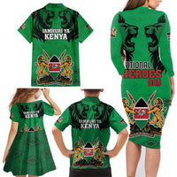 Kenya National Heroes Day Family Matching Long Sleeve Bodycon Dress and Hawaiian Shirt Mashujaa With Lion Head And Coat Of Arms - Wonder Print Shop