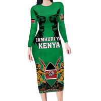 Kenya National Heroes Day Family Matching Long Sleeve Bodycon Dress and Hawaiian Shirt Mashujaa With Lion Head And Coat Of Arms - Wonder Print Shop