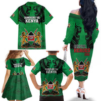 Kenya National Heroes Day Family Matching Off The Shoulder Long Sleeve Dress and Hawaiian Shirt Mashujaa With Lion Head And Coat Of Arms - Wonder Print Shop