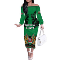 Kenya National Heroes Day Family Matching Off The Shoulder Long Sleeve Dress and Hawaiian Shirt Mashujaa With Lion Head And Coat Of Arms - Wonder Print Shop