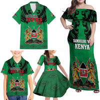 Kenya National Heroes Day Family Matching Off Shoulder Maxi Dress and Hawaiian Shirt Mashujaa With Lion Head And Coat Of Arms - Wonder Print Shop