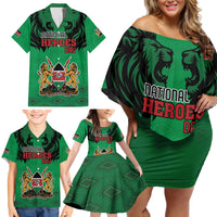 Kenya National Heroes Day Family Matching Off Shoulder Short Dress and Hawaiian Shirt Mashujaa With Lion Head And Coat Of Arms - Wonder Print Shop