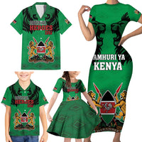 Kenya National Heroes Day Family Matching Short Sleeve Bodycon Dress and Hawaiian Shirt Mashujaa With Lion Head And Coat Of Arms - Wonder Print Shop