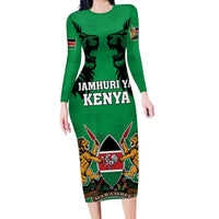 Kenya National Heroes Day Long Sleeve Bodycon Dress Mashujaa With Lion Head And Coat Of Arms - Wonder Print Shop
