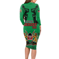 Kenya National Heroes Day Long Sleeve Bodycon Dress Mashujaa With Lion Head And Coat Of Arms - Wonder Print Shop