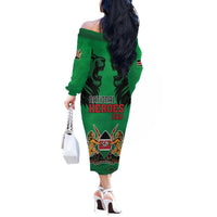 Kenya National Heroes Day Off The Shoulder Long Sleeve Dress Mashujaa With Lion Head And Coat Of Arms - Wonder Print Shop
