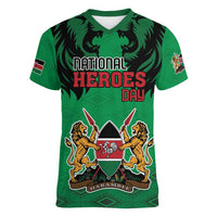 Kenya National Heroes Day Women V-Neck T-Shirt Mashujaa With Lion Head And Coat Of Arms - Wonder Print Shop