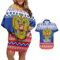 Russia Christmas Couples Matching Off Shoulder Short Dress and Hawaiian Shirt Double Headed Eagle Christmas Patterns - Wonder Print Shop