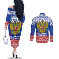 Russia Christmas Couples Matching Off The Shoulder Long Sleeve Dress and Long Sleeve Button Shirt Double Headed Eagle Christmas Patterns - Wonder Print Shop