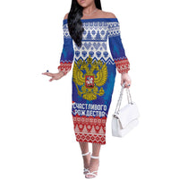 Russia Christmas Off The Shoulder Long Sleeve Dress Double Headed Eagle Christmas Patterns - Wonder Print Shop