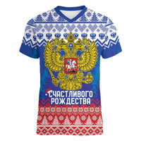 Russia Christmas Women V-Neck T-Shirt Double Headed Eagle Christmas Patterns - Wonder Print Shop