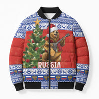 Russia Christmas Bomber Puffer Jacket Brown Bear Playing Balalaika - Wonder Print Shop