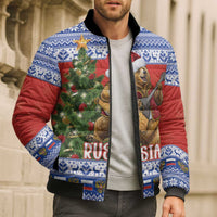Russia Christmas Bomber Puffer Jacket Brown Bear Playing Balalaika - Wonder Print Shop