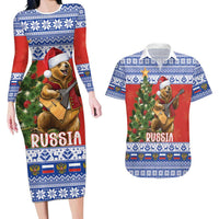 Russia Christmas Couples Matching Long Sleeve Bodycon Dress and Hawaiian Shirt Brown Bear Playing Balalaika - Wonder Print Shop