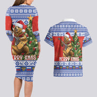Russia Christmas Couples Matching Long Sleeve Bodycon Dress and Hawaiian Shirt Brown Bear Playing Balalaika - Wonder Print Shop
