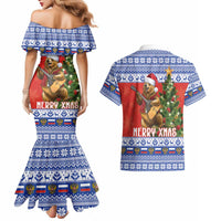 Russia Christmas Couples Matching Mermaid Dress and Hawaiian Shirt Brown Bear Playing Balalaika - Wonder Print Shop