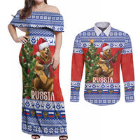 Russia Christmas Couples Matching Off Shoulder Maxi Dress and Long Sleeve Button Shirt Brown Bear Playing Balalaika - Wonder Print Shop