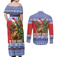 Russia Christmas Couples Matching Off Shoulder Maxi Dress and Long Sleeve Button Shirt Brown Bear Playing Balalaika - Wonder Print Shop