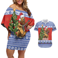 Russia Christmas Couples Matching Off Shoulder Short Dress and Hawaiian Shirt Brown Bear Playing Balalaika - Wonder Print Shop