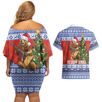 Russia Christmas Couples Matching Off Shoulder Short Dress and Hawaiian Shirt Brown Bear Playing Balalaika - Wonder Print Shop