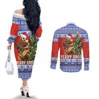 Russia Christmas Couples Matching Off The Shoulder Long Sleeve Dress and Long Sleeve Button Shirt Brown Bear Playing Balalaika - Wonder Print Shop