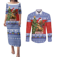 Russia Christmas Couples Matching Puletasi and Long Sleeve Button Shirt Brown Bear Playing Balalaika - Wonder Print Shop