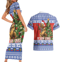 Russia Christmas Couples Matching Short Sleeve Bodycon Dress and Hawaiian Shirt Brown Bear Playing Balalaika - Wonder Print Shop