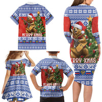 Russia Christmas Family Matching Long Sleeve Bodycon Dress and Hawaiian Shirt Brown Bear Playing Balalaika - Wonder Print Shop