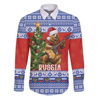 Russia Christmas Family Matching Short Sleeve Bodycon Dress and Hawaiian Shirt Brown Bear Playing Balalaika - Wonder Print Shop