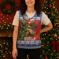 Russia Christmas Knitted V-Neck Vest Brown Bear Playing Balalaika - Wonder Print Shop