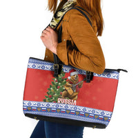 Russia Christmas Leather Tote Bag Brown Bear Playing Balalaika - Wonder Print Shop