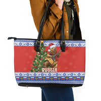Russia Christmas Leather Tote Bag Brown Bear Playing Balalaika - Wonder Print Shop