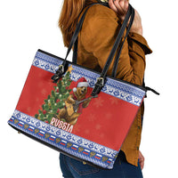 Russia Christmas Leather Tote Bag Brown Bear Playing Balalaika - Wonder Print Shop