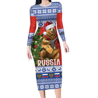 Russia Christmas Long Sleeve Bodycon Dress Brown Bear Playing Balalaika - Wonder Print Shop