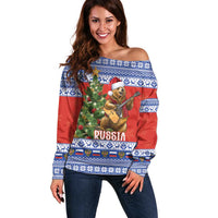 Russia Christmas Off Shoulder Sweater Brown Bear Playing Balalaika - Wonder Print Shop