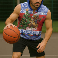 Russia Christmas Sleeveless Zip Hoodie Brown Bear Playing Balalaika - Wonder Print Shop