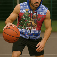 Russia Christmas Sleeveless Zip Hoodie Brown Bear Playing Balalaika - Wonder Print Shop
